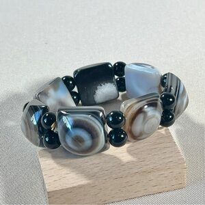 Vintage Brown Cat Eye Striped‎ Banded Agate Beads Stretch Elastic Bracelet Boho